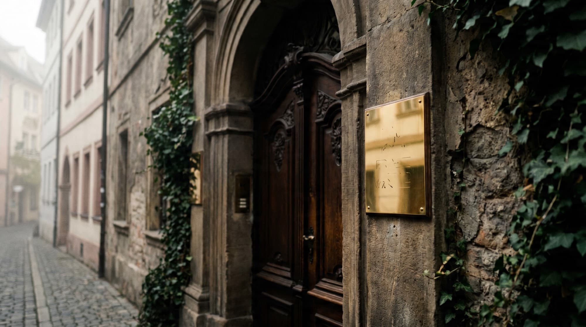 Vchod do budovy na Pekárskej 14 v Trnave s mosadznou tabuľkou
